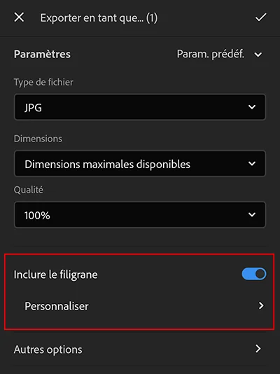 ajouter filigrane sur lightroom mobile