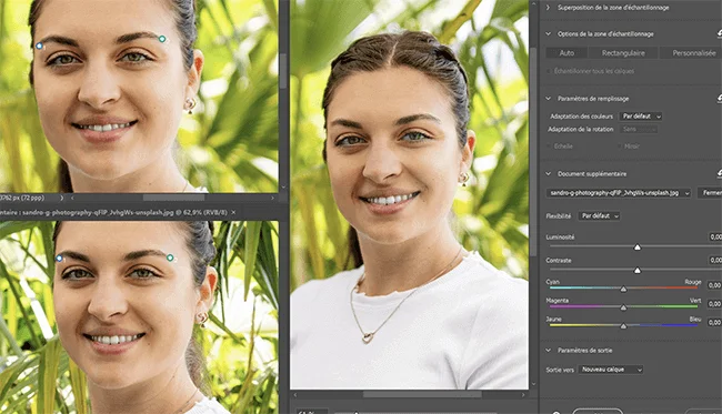 outil remplissage d'après contenu sur un visage de femme sur photoshop beta