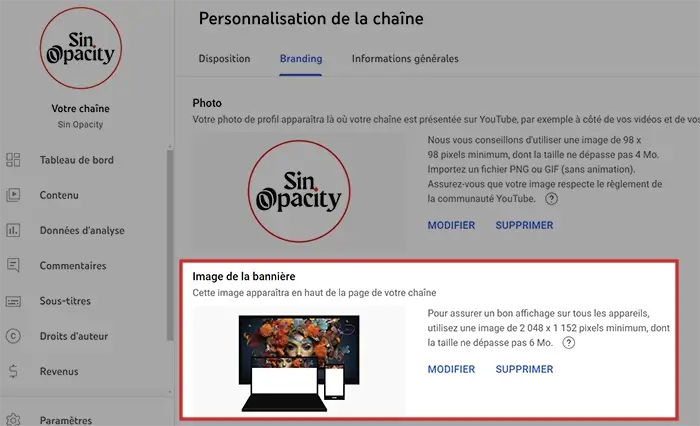 menu pour changer de bannière sur Youtube